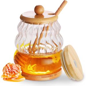Loscarol Honey Pot with Dipper & Sealed Lid - 15 oz Glass Honey Jar with Wooden Honey Dippers Stick Tray Set, Wide Mouth Honey Containers - Airtight Syrup Dispenser for Home Kitchen