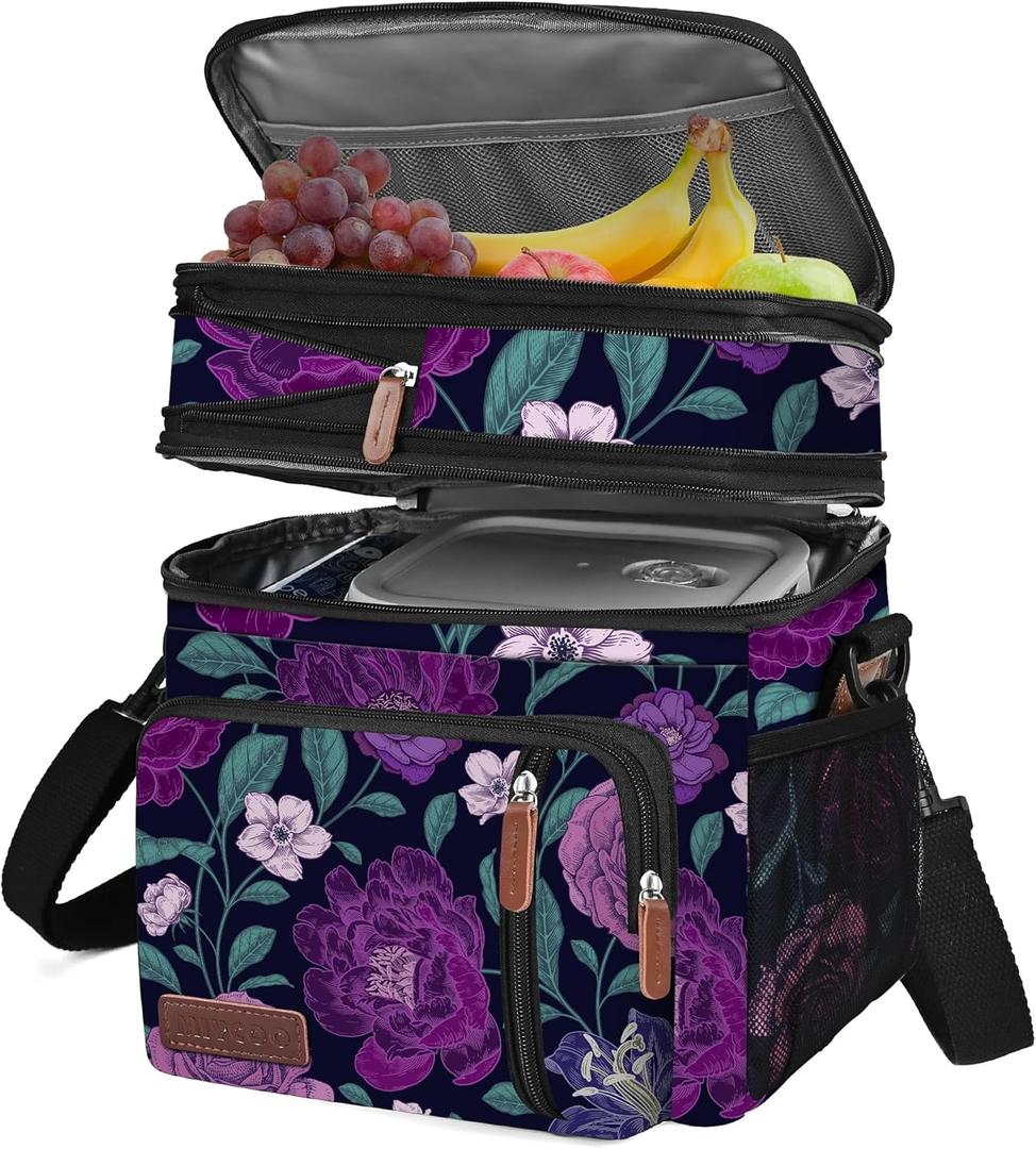 MIYCOO Lunch Bag & Lunch Box for Women Men Double Deck - Leakproof Insulated Soft Large Adult Lunch Cooler Bag for Work, Beach, Picnic, Camping, Travel (Purple Flower,15L)