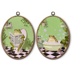 Hxlac Funny Bathroom Frog Oval Wall Art Framed Set of 2, Funky Frog in Bath Oval Wall Decor, Eclectic Animal Bathroom Hanging Canvas Prints Wall Sculptures for Home Living Room Decor, 8.5x11.5 Inch