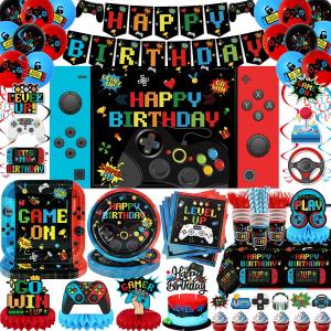 Gamer Birthday Party Decorations 206PCS Video Game Birthday Decorations with Game On Plates LEVEL UP Tablecloth Cups Napkins Go Win Backdrop Banner Balloons Hanging Swirls for Teenager,Serve 25