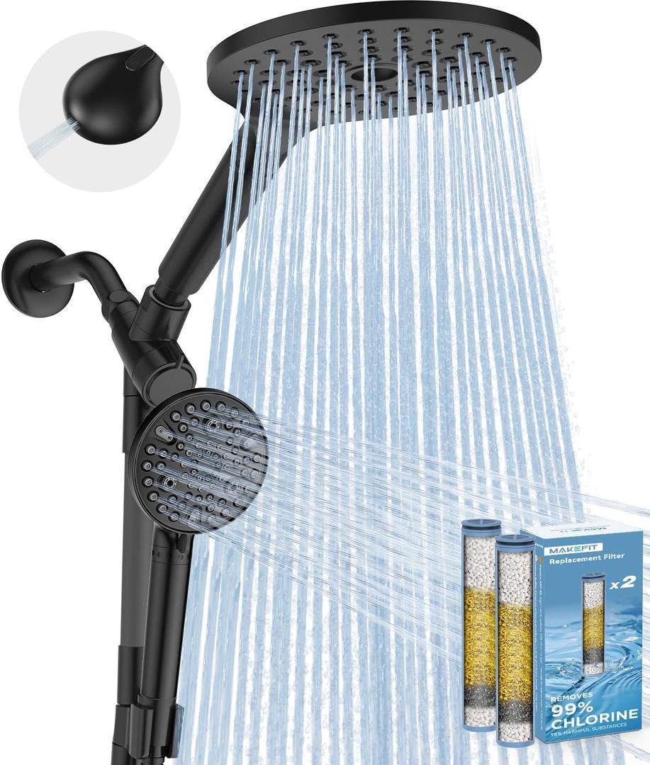 MakeFit Dual Filtered Rain Shower Head Combo, High Pressure Handheld Shower Head with Adjustable Bar - Rainfall Shower Head And Showerhead with Filter for Hard Water - Removes Chlorine (8 Inch Filtered, Matte Black)