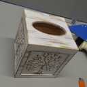 SwallowLiving Wooden Tissue Box Cover Square - Weighted Farmhouse Facial Tissue Holder with Sliding Bottom - Distressed White Tree of Life Dispenser for Bathroom Vanity, Bedroom & Living Room Decor