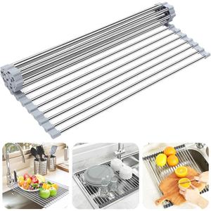 Over the Sink Dish Drying Rack, Searik Roll up Sink Dish Drainer Rack Foldable Kitchen Stainless Steel Dish Rack Sink Drying Rack (17.7 x 11.8) (Gray)