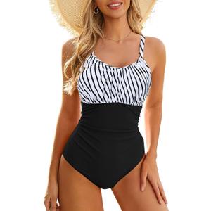 Century Star Tummy Control One Piece Swimsuit for Women Vintage Bathing Suits Ruched Swimwear (X-Large, Black and White)