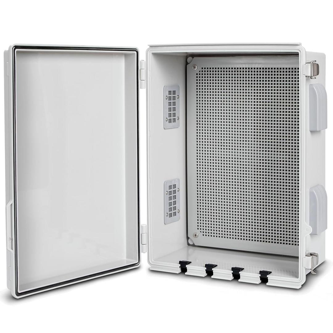 Electrical Junction Box, Ventilated Design, Cable Grommets, Indoor/Outdoor Use with Mounting Panel & Hinged Cover. Waterproof IP 65. (Grey Cover, 15.7"x11.8"x7.1")