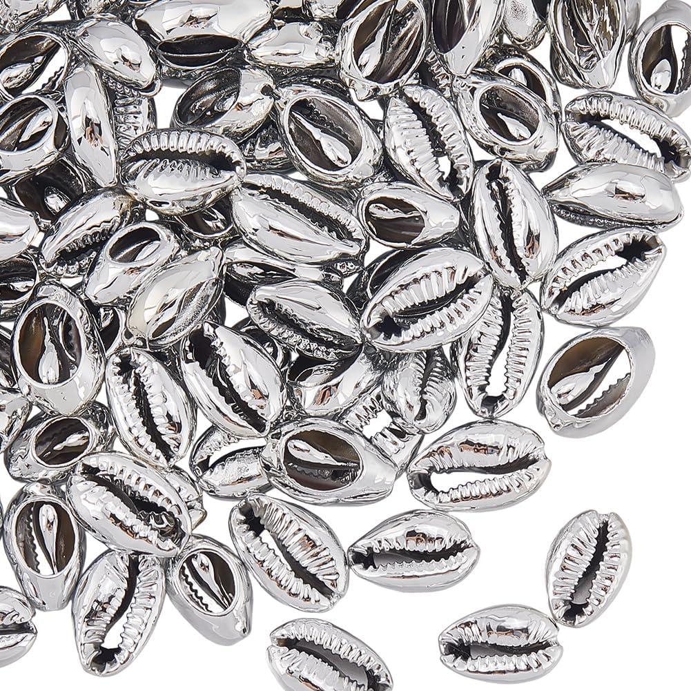1 Box 100PCS Natural Cowrie Shells Beads Electroplated Silver Summer Open Back No Hole Platinum Sea Hawaii Ocean Seashell Plated Charm Bead for Jewelry Making Bracelets Necklaces DIY Craft
