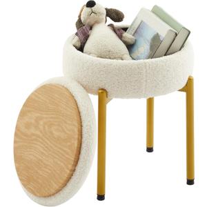Vanity Stool Chair with Storage Multi-Functional Makeup Stool & Side Table Teddy Velvet, 4cm Foam Support Storage Chairs, 300lb Capacity for Bedroom Living Room Dressing Room (White+Gold)