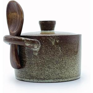 8 oz Ceramic Salt Cellar with Lid & Wooden Spoon,Countertop Salt Container,Sugar Bowl,Spices Jar|Terracotta Home Kitchen Decor(Coarse Pottery Color)
