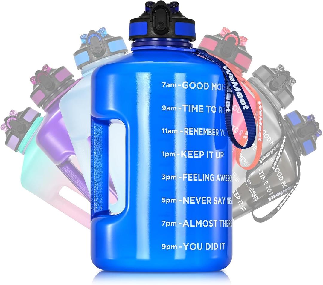 WEMEET 1 Gallon Water Bottle with Handle, 128oz LeakProof Reusable Gym Water Bottle with Capacity Scale, BPA Free, Ideal for Gym and Outdoor Life (Blue)