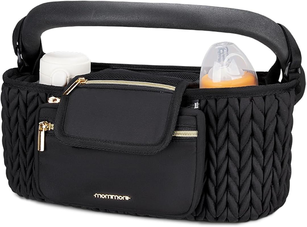 mommore Stroller Organizer with Insulated Cup Holders, Adjustable Stroller Caddy with Detachable Phone Bag, Stroller Accessories Fits for Uppababy, Doona, Jogger, Britax, Mompush, Bob (Black)
