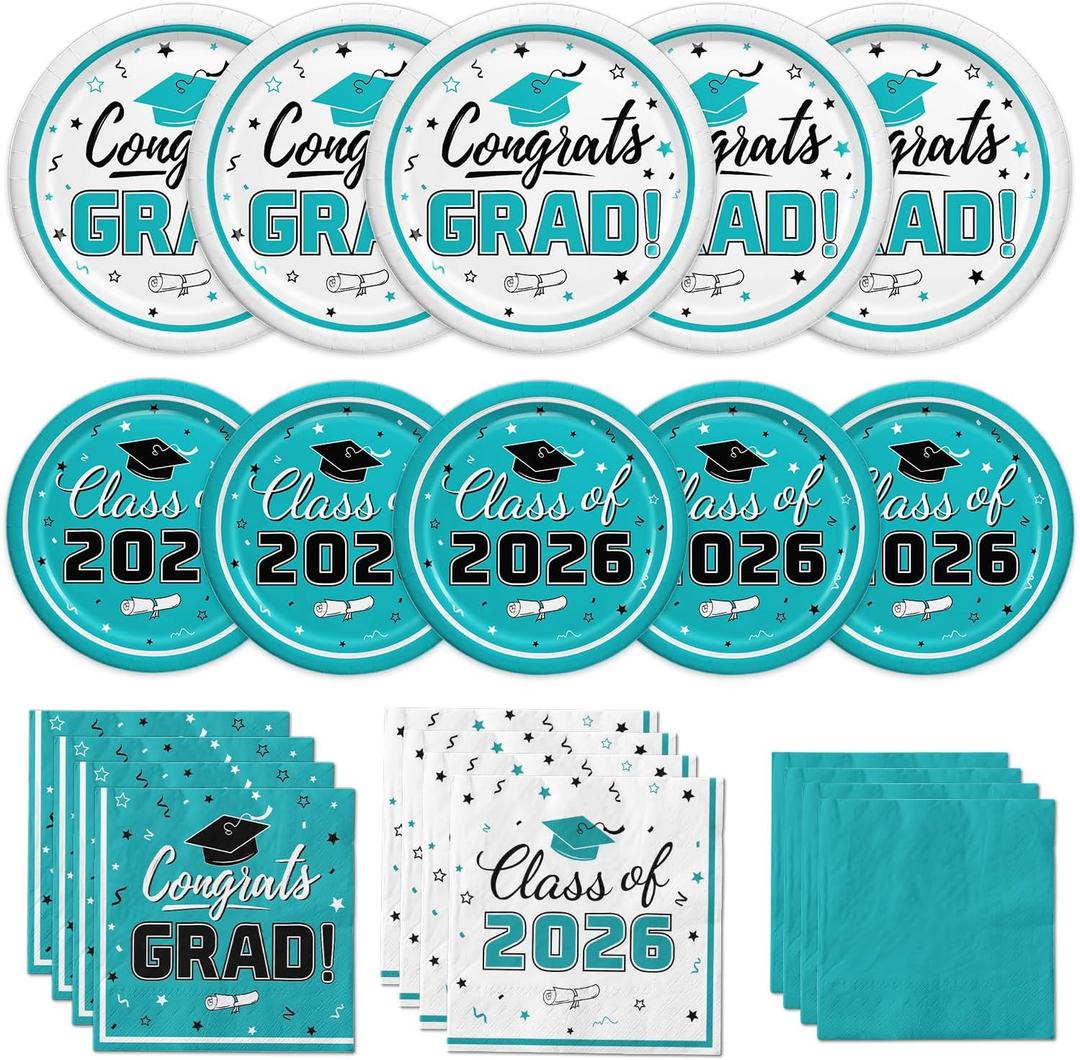 Graduation Teal Party Supplies Kit Graduation Dinner Plates Dessert Plates and Napkins for Congrats Grad Party Decorations, Serves 50
