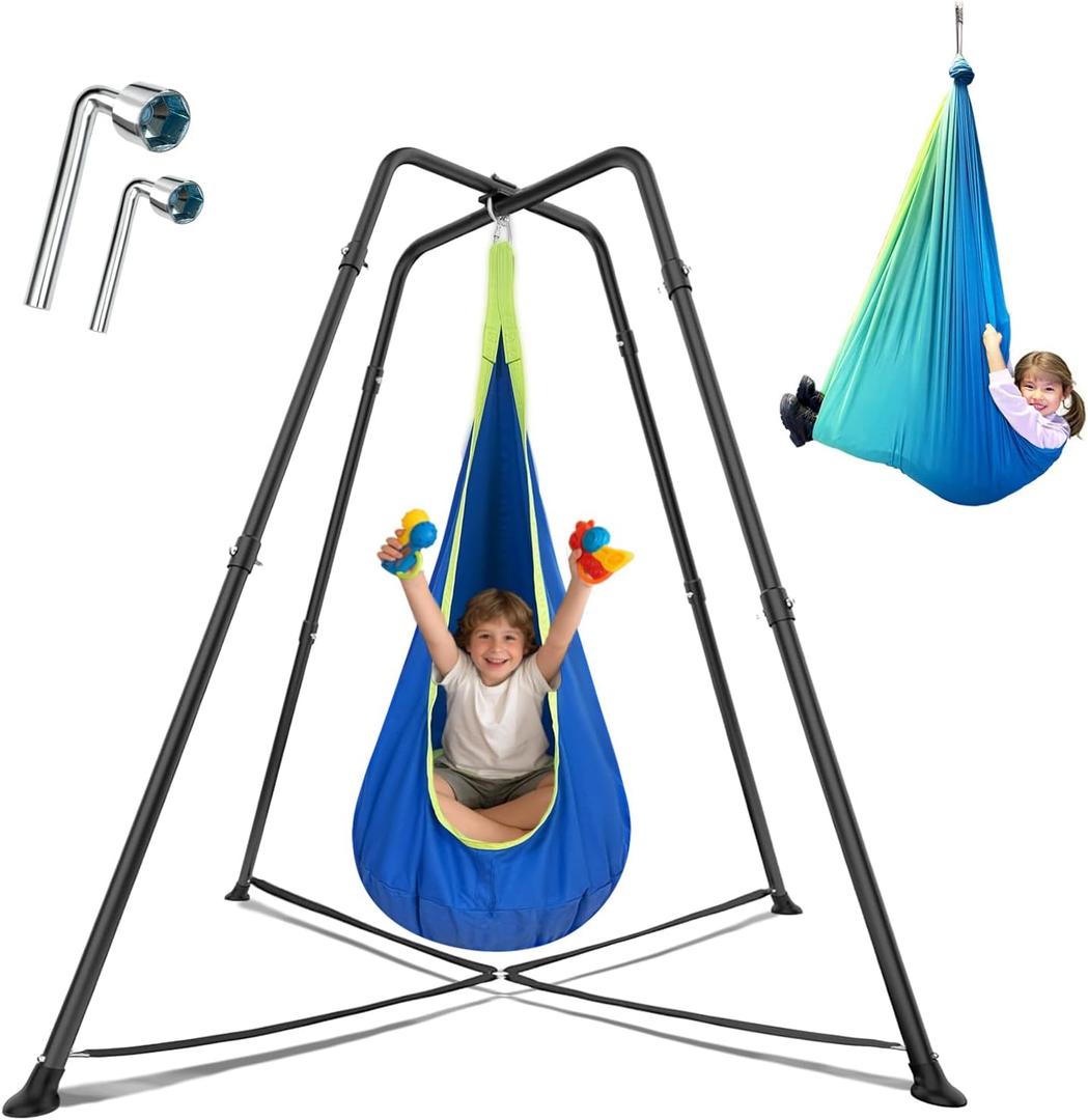 Swing Stand Frame with Sensory Pod Swings and Chair,X-Shaped Swing SetHeavy-Duty Metal Hammock Chair StandKids & Adults, Indoor Outdoor 330LBS(Blue)