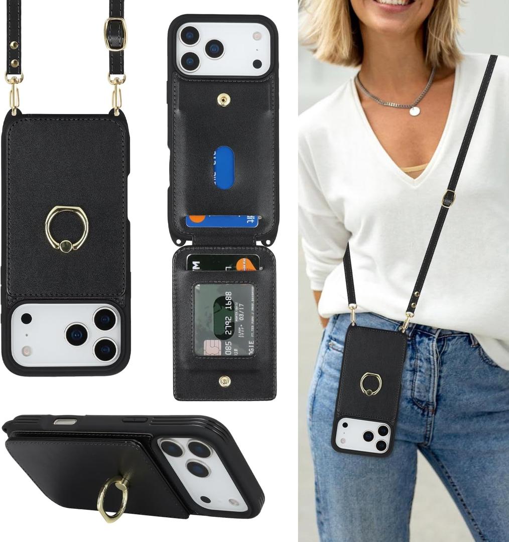 for iPhone 17 Pro Case with Card Holder and Strap for Women,Crossbody Lanyard,Ring Stand,Snap Clasp,Cute Phone Wallet Cases 6.3 inch (Black)