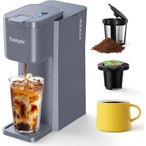 Tastyle Mini Hot and Iced Coffee Maker Single Serve, for K Cup and Ground, 6 to 14 Oz Brew Sizes, with Recipe Book, for Home, Travel, RV, Office and Dorm, Elegant Gray