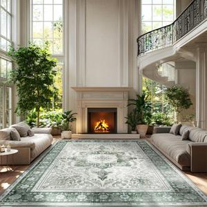 8x10 Boho Washable Area Rugs for Large Living Room Machine Washable Rug Stain Resistant Non-Slip Backing for Bedroom, Soft Vintage Area Rug (Green,8x10ft)