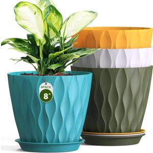 8 Inch Wave Plant Pots with Drainage Holes & Saucers, 4 Pack Modern Textured Medium Planters for Indoor Outdoor Plants, Decorative Flower Pots Repotting Set for Flowers, Herbs (Multicolor)