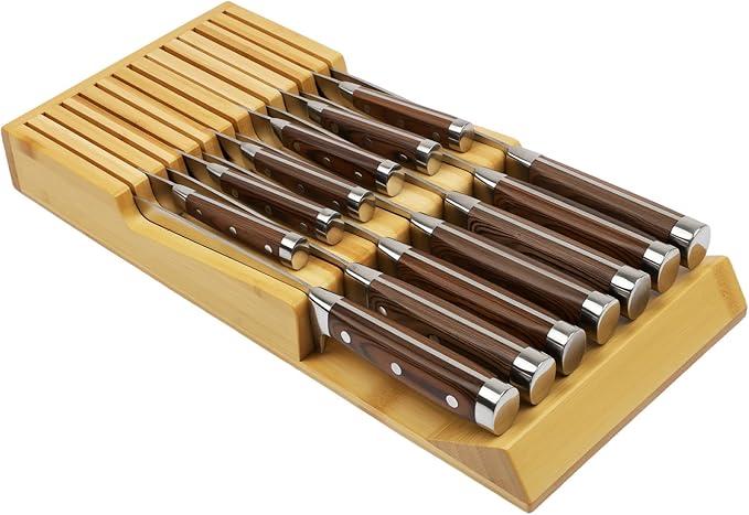 Bamboo Kitchen Drawer Knife Block, In drawer Knife Holder, Knife Drawer Organizer fit for 13 knives