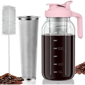 Cold Brew Coffee Maker Jar - 64oz Thick Glass Multipurpose Mason Pitcher Spout Lid with Handle & Stainless Steel Filter for Iced Coffee, Lemonade, Ice Tea, Homemade Fruit Drinks Container (Pink) Cold Brew Coffee Maker Jar - 64oz Thick Glass Multipurpose Mason Pitcher Spout Lid with Handle & Stainless Steel Filter for Iced Coffee, Lemonade, Ice Tea, Homemade Fruit Drinks Container (Pink)