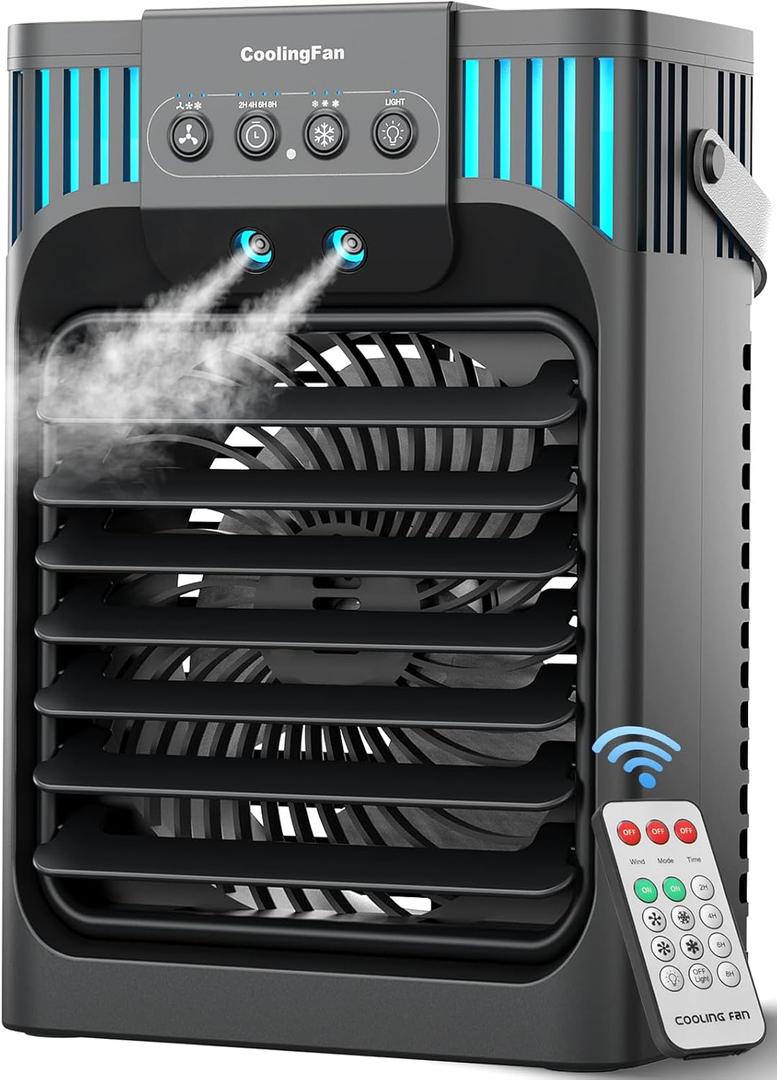 Portable Air Conditioner Cooling Fan with Remote, Quiet with 3 Speeds, 1200ml Personal Air Cooler Fan with 3 Mist, 7 Night Light, 8H Timer, Small Air Conditioner for Bedroom Office