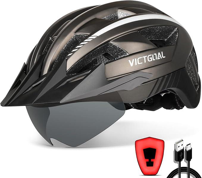 VICTGOAL Bike Helmet with USB Rechargeable Rear Light Detachable Magnetic Goggles Removable Sun Visor Mountain & Road Bicycle Helmets for Men Women Adult Cycling Helmets (M: 54-58 cm, Ti)
