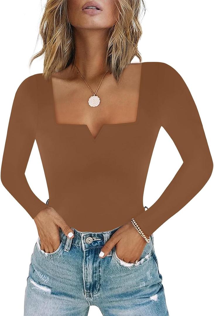 Chunpin Women's Short Sleeve Bodysuit Square Neck Notch V Neck Bodysuits Double Lined Tops Going Out Outfits Thong Bodysuits (Brown, M)