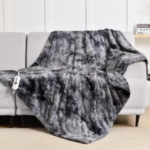 WOOMER Heated Blanket Throw 50" x 60", Electric Blanket Throw with 4 Heating Levels & 4H Auto Off, ETL Certified, Marble Grey Double-Sided Faux Fur, Over-Heat Protect, Machine Washable