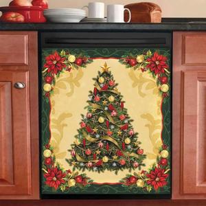 Christmas Tree Magnetic Dishwasher Cover Panel, Vintage Christmas Decorations Magnet Refrigerator Frames Vinyl Decals for Home 23" W x 26" H