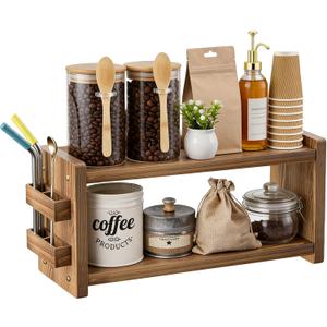 Solid Wood Coffee and Matcha Station Organizer for Home Kitchen Office Countertop - 2 Tier Shelf Organizer with Straw Holder for Matcha, Pods, Sugar, Tea, Cups, Stirrers, Mugs Storage