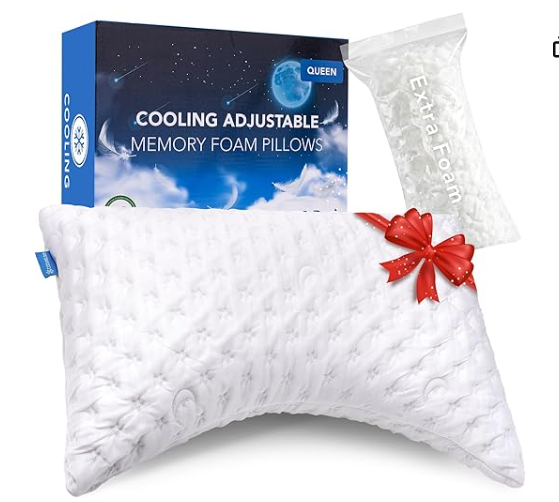 KUCEY Cooling Side Sleeper Pillow for Neck and Shoulder Pain, Luxury Shredded Memory Foam Curved Bed Pillows for Sleeping Set of 1 Adjustable Queen Size Washable Cover Crescent White