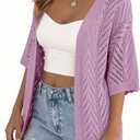 PRETTYGARDEN Women Lightweight Summer Short Sleeve Cardigan | Knit Crochet Beach Cover Up, Boho Fashion, Casual Drop Shoulder, Soft Comfy Clothes for Travel, Vacation & Cruise Wear (Purple) M