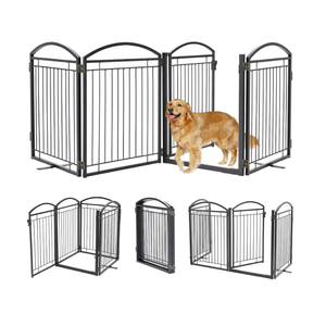 Full Metal Free Standing Dog Gate with Door for Indoor & Outdoor,96'' Extra Wide 32'' Tall Dog Gate for The Doorways,Large Openings,Decks,Porch,Pet Freestanding Safety Fence(4 Panels,Black)