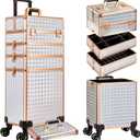 AROUS 5 in 1 Rolling Makeup Train Case Cosmetology Case on Wheels Large Cosmetic Organizer Travel Cart for Hairstylist Artist Nail Beauty Salon Barber, White