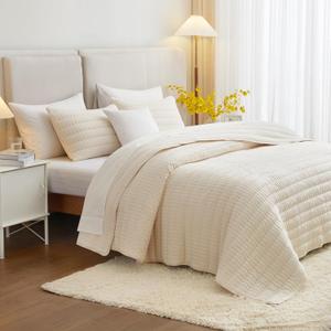 Cream Queen Size Quilt Bedding Set, Reversible Lightweight Bed Spreads Oversized Queen Quilted Bedspread for All Seasons, Soft Washable, 3 Pieces, 1 Quilt (90x96 in) & 2 Pillow Shams (20x26 in)