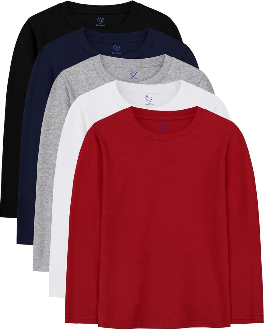 5 Pack Boys Long Sleeve Shirts Cotton T-Shirts Youth Boys Long Sleeve Shirts Multipack Basic Tees Tagless (10-12 Years, Black, Light Gray, White, Navy Blue, Red)