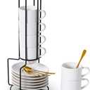 Lareina Porcelain Stackable Espresso Cups with Saucers, Spoons and Metal Stand, 3 Ounce Small Coffee Cups Set of 6 - Ceramic Demitasse Mugs, White