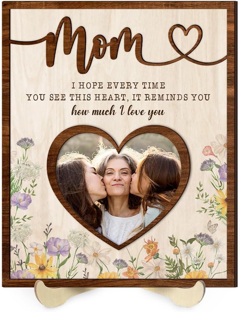 Mothers Day Gifts for Mom from Daughter Son Wooden Heart Photo Frame, I Love You Mom Keepsake Gift, Picture Frame for Mama, Birthday Gift for Mother, Insert Your Own Photo Home Decor