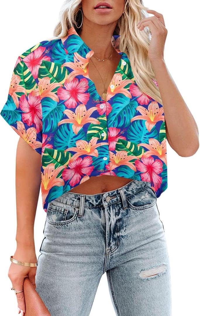 Cropped Hawaiian Shirts for Women Hawaii Tropical Button Down Tops Floral Tropic Print Summer Beach Outfits (XXL)