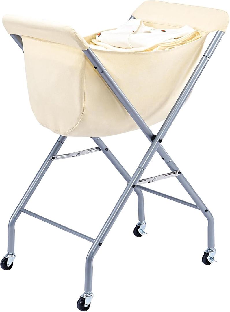 ELYKEN Laundry Cart with Wheels, 32H Easy Rolling Laundry Hamper with Removable Liner Bag, Sturdy Metal Frame Clothes Basket with 4 Casters and 2 Brakes (23.2"L x 13"W x 32"H, Creamy)