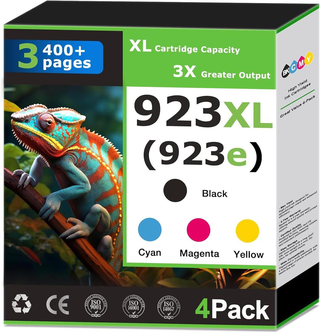 923XL 923e Ink Cartridges Compatible for HP 923 Ink Cartridges Combo Pack Work with HP Printer OfficeJet Pro 8125e 8130e 8139e 8120 Printer Ink Black and Color Cyan Magenta Yellow 923XL Ink (4 Pack)