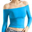 SUUKSESS Women Off Shoulder Double Lined Long Sleeve Shirts Basic Going Out Tops (Medium, Royal Blue)