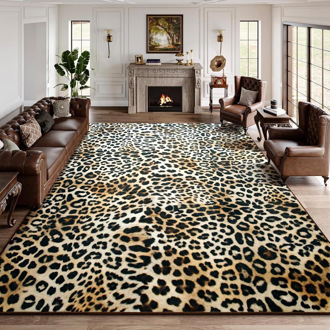 DweIke Leopard Print Rug for Living Room, Machine Washable 8x10 Cheetah Area Rugs for Bedroom, Non-Slip Low Pile Animal Hide Carpet with Rubber Backing for Dining Room Kitchen Home Decor,White Brown