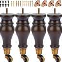 9 inch / 22cm Wooden Furniture Legs with Casters Wheels, Pack of 4 Classic Walnut Solid Wood Round DIY Replacement Bun Feet for DIY Project Sofa Couch Cabinet Ottoman Bed Riser