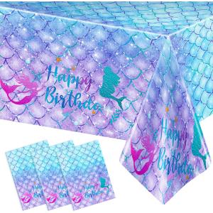 DaiUni 3PCS Mermaid Birthday Tablecloths for Birthday Party Decoration, Plastic Disposable Rectangle Table Covers for Kids Girls Party Supplies, 54" x 108"