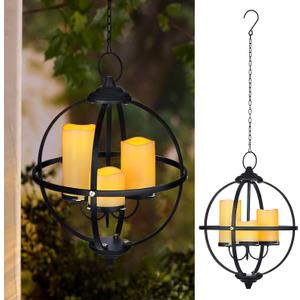 Battery Operated Outdoor Candle Chandelier - Black Metal Globe Hanging Pendant Light with 3 Flameless Candles, 12.6" Waterproof Lights for Gazebo, Pergola, Garden, Porch & Backyard
