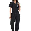 Naivlizer Scrub Set for Women V-Neck Top & Jogger Pants Medical Uniform Suits with 9 Pockets Water Repellent Workwear for Nurses, Black Size 2XL
