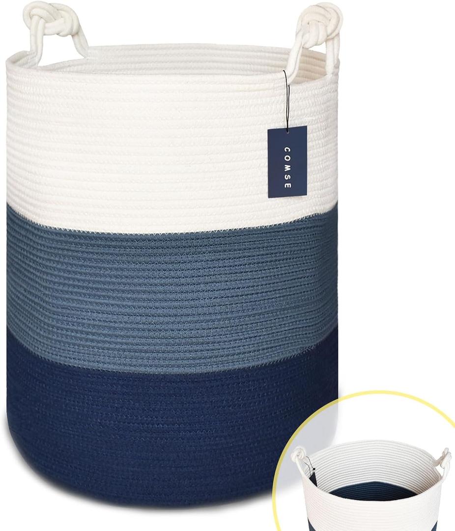 COMSE Extra Large Blanket Basket, Tall Woven Storage Basket, Nursery Hamper, 15.7x 21.7, Cotton Rope Laundry Hamper for Toys Clothes Towels, White/Cadet Blue/Navy Blue