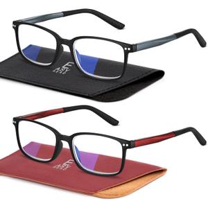 EASY READ 2 Pairs Sporty Style Reading Glasses for MenRectangular TR90 Blue Light Blocking Readers with Spring Hinge (Black/Red)