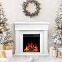 43. 39" Fireplace TV Stand with Mantel - Electric Fireplace Heater, Wooden Entertainment Center, Adjustable LED Flame, Freestanding (750W/1500W),Pearl White