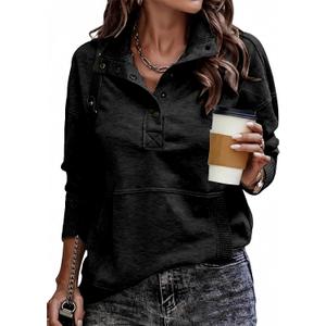 SHEWIN Women's Casual Long Sleeve Stand Neck Sweatshirt Lightweight Button Drawstring Pullover Tops (Black, L)