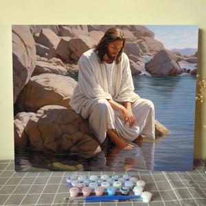 Jesus Sat on a Rock by the River Paint by Numbers for Adults Kids DIY Oil Painting Kits on Canvas with Paint Brushes and Acrylic Pigment Christ Religion Picture Wall Art Decor Gift 16x20In (DIY Frame) Jesus Sat on a Rock by the River Paint by Numbers for Adults Kids DIY Oil Painting Kits on Canvas with Paint Brushes and Acrylic Pigment Christ Religion Picture Wall Art Decor Gift 16x20In (DIY Frame)